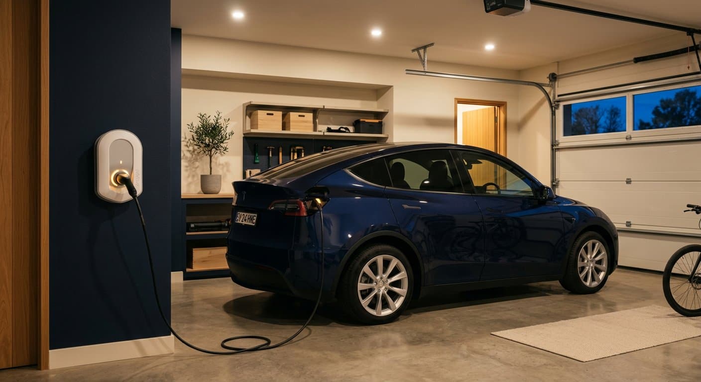 Coche eléctrico cargando en un garaje doméstico con un cargador de pared
