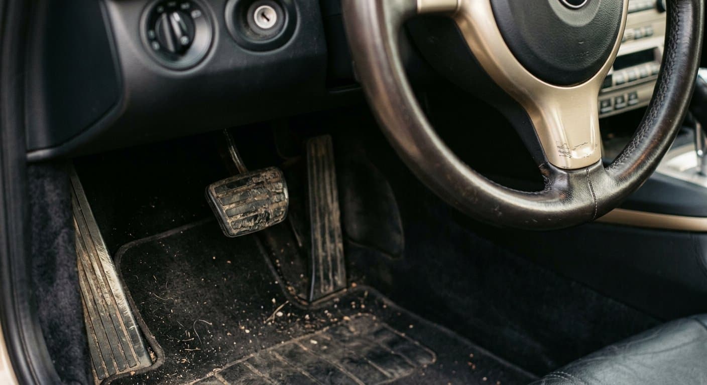 Detalle de pedales y volante donde se aprecia el desgaste por uso