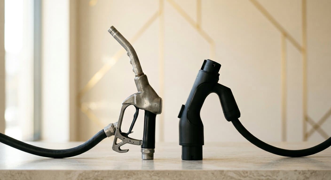 Pistola de combustible y conector de carga eléctrica uno junto al otro